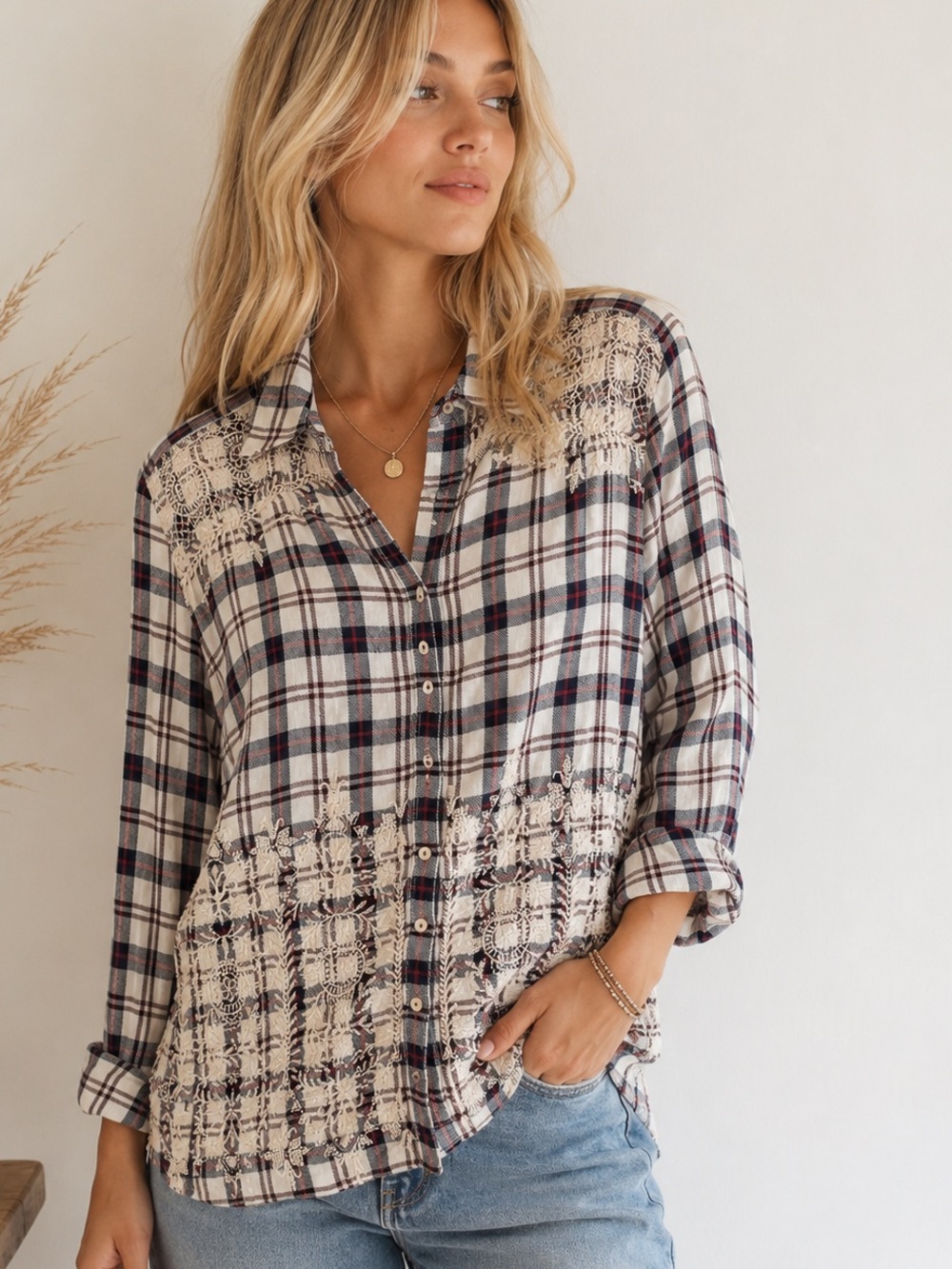 Johnny Was 3J Workshop Embroidered Plaid Button Down Shirt - Picture 1 of 9
